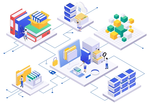 Archive documents processing isometric composition with set of platforms wire connections server racks folders and people vector illustration