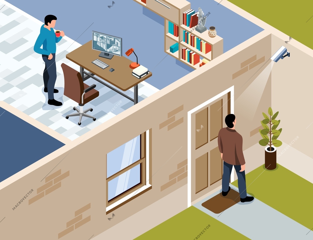 Isometric home security composition with view of man at door watching at cctv camera with computer vector illustration