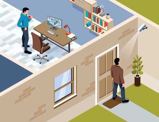 Isometric home security composition with view of man at door watching at cctv camera with computer vector illustration