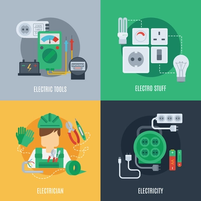 Electricity design concept set with electric tools electrician stuff flat icons isolated vector illustration