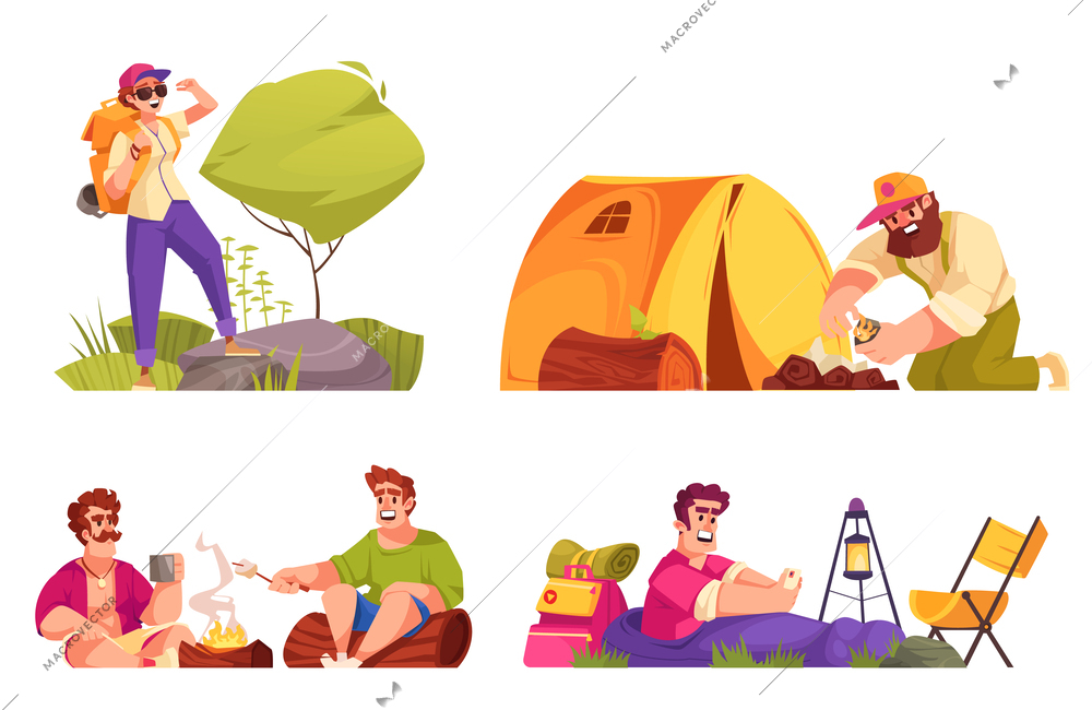 Camping hiking flat set of people campers roasting marshmallow making campfire relaxing isolated vector illustration