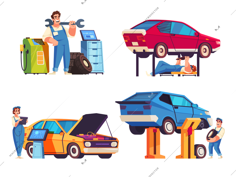 Auto service flat set of smiling mechanics repairing cars isolated vector illustration