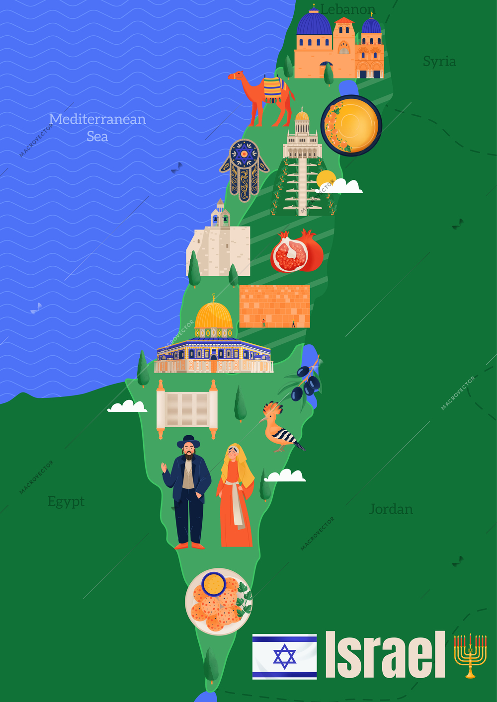 Israel map with landmarks and cultural symbols flat vertical poster vector illustration