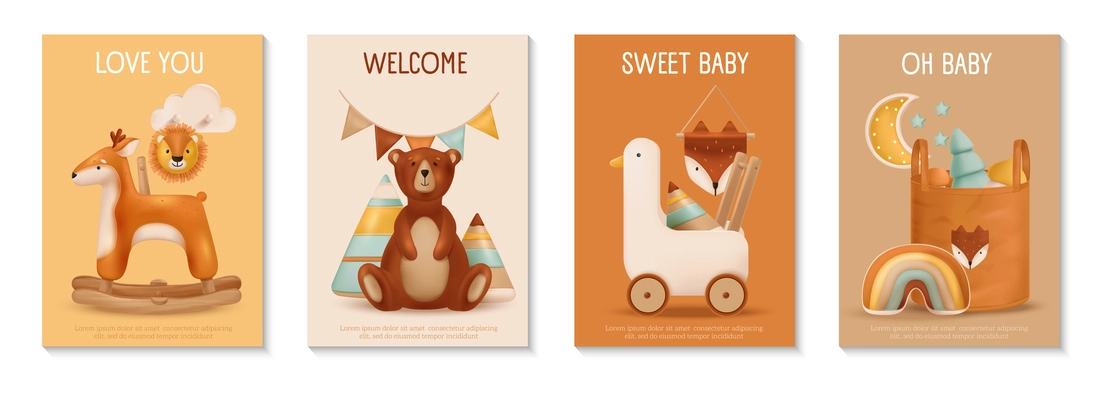 Sweet childhood realistic vintage posters decorating with baby toys in  boho style isolated vector illustration