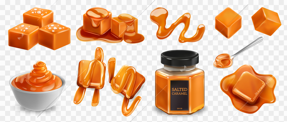 Salted and unsalted square toffee candies glazed with caramel sauce realistic at transparent background isolated vector illustration