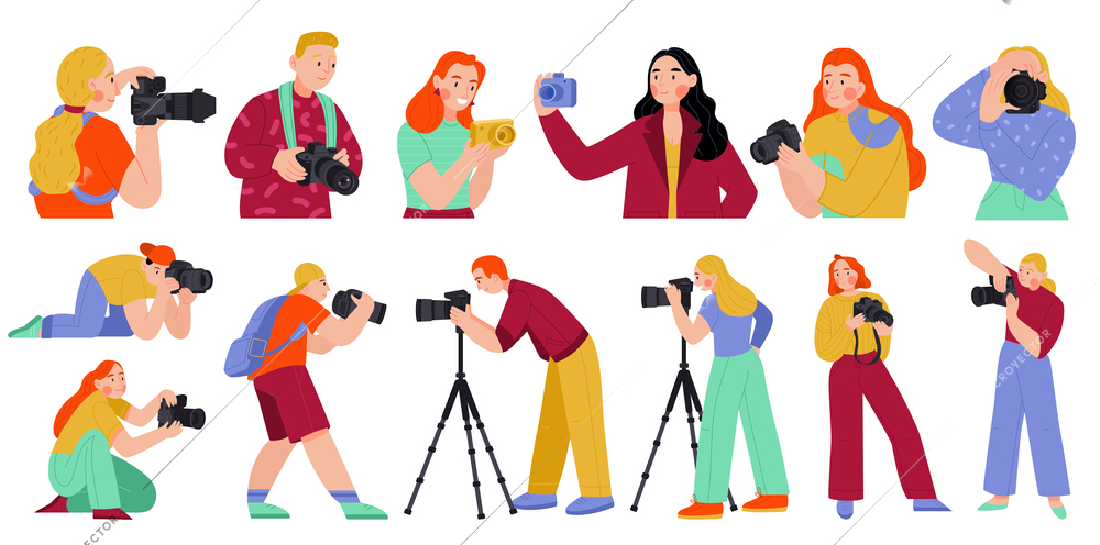 Photographer cartoon characters with equipment taking pictures colored set isolated vector illustration