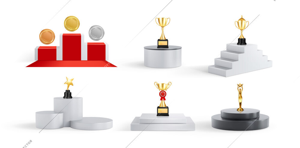 Award ceremony set with isolated compositions of trophies medals and cups on podiums on blank background vector illustration