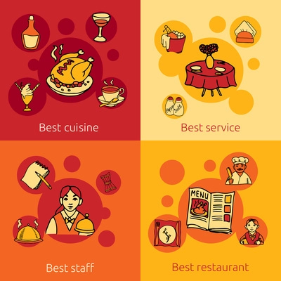 Best restaurant service concept 4 flat icons composition design with staff cuisine and water abstract vector illustration