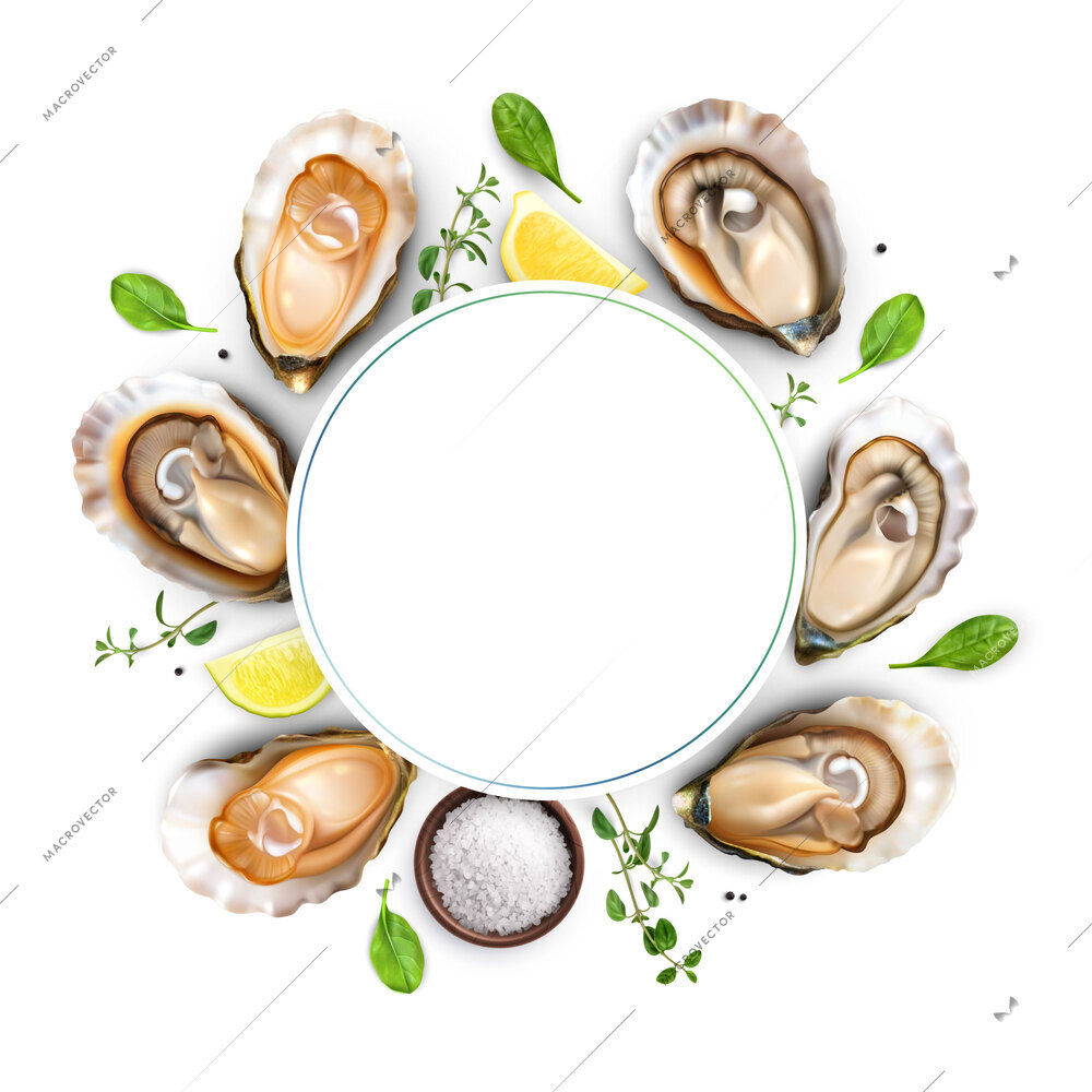 Oysters composition with round frame and empty space surrounded by realistic images of oysters greens lemons vector illustration