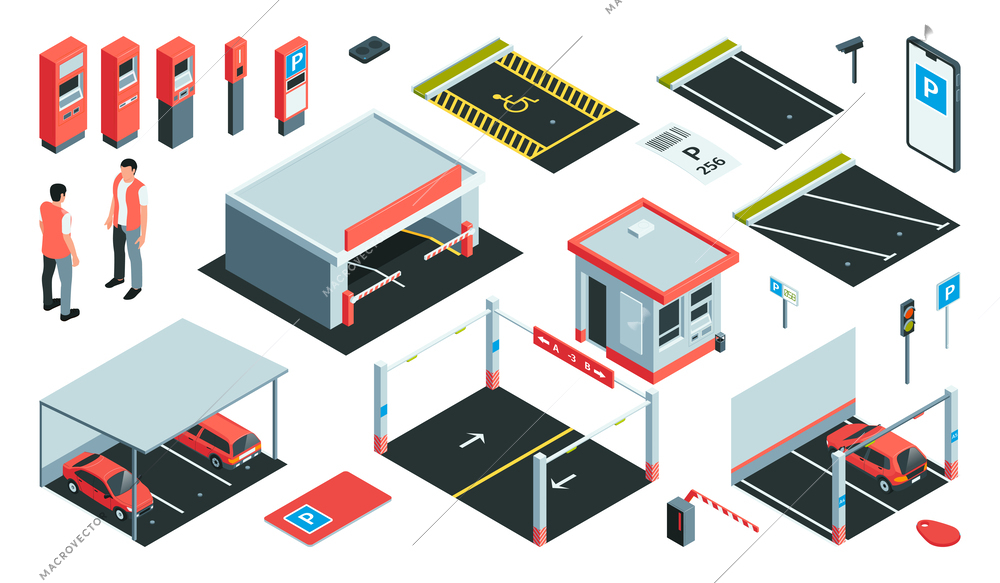 Isometric parking color set with isolated icons of ticketing machines cash register booth cars and people vector illustration