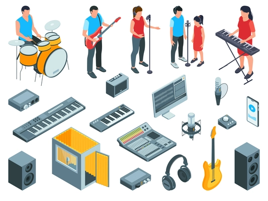 Isometric music studio people set with isolated icons of recording equipment and human characters of performers vector illustration