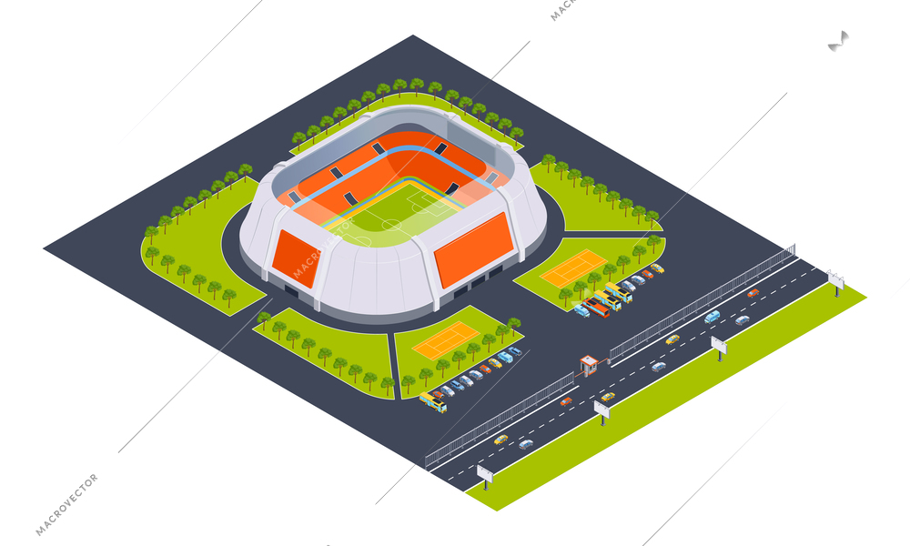 Isometric stadium composition with isolated view of football arena surrounded by parking lot and park trees vector illustration