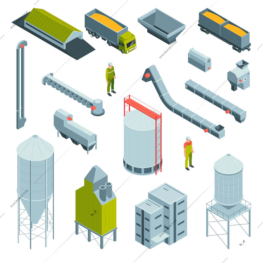 Isometric grain elevator set with isolated icons of factory appliances buildings with trucks and worker characters vector illustration