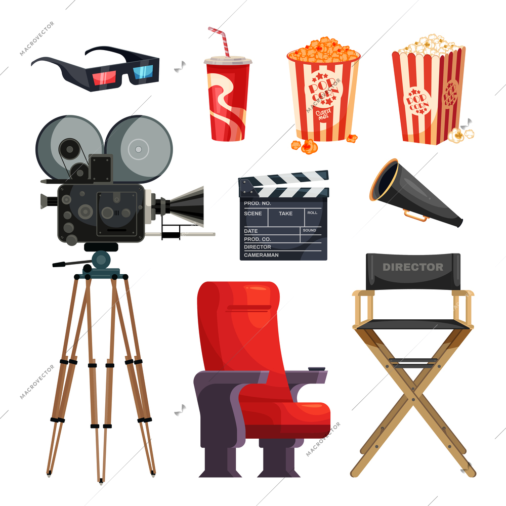 Film industry and cinema flat set of movie camera director chair 3d glasses clapper popcorn isolated vector illustration