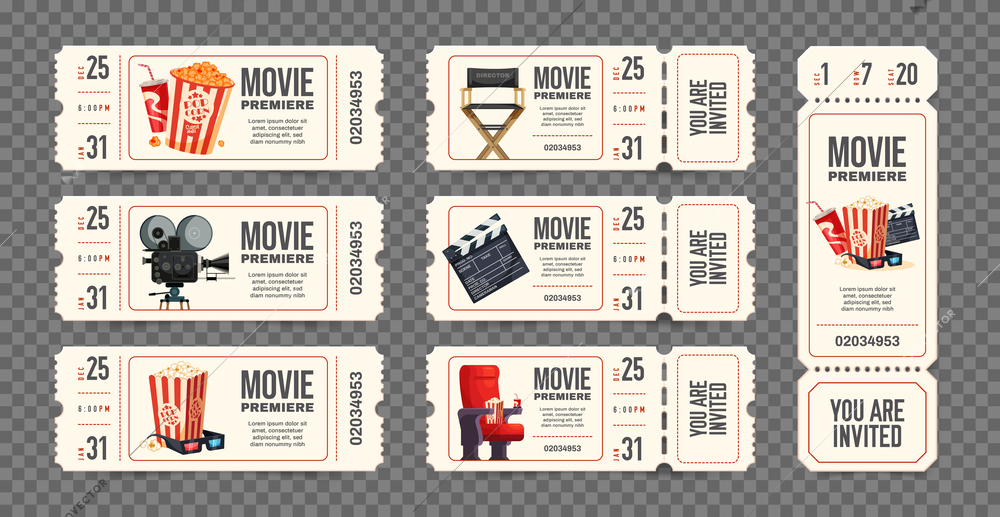 Vintage movie premier cinema tickets template set isolated on transparent background vector illustration