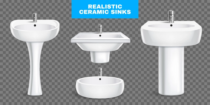 Realistic set of white ceramic sinks with shiny metal taps isolated on transparent background vector illustration