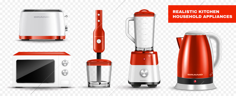 Kitchen appliances in red and white colors realistic set with toaster microwave oven blenders and kettle on transparent background isolated vector illustration