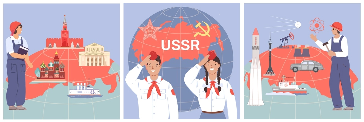 Ussr symbols concept set with soviet achievements landmarks and people isolated flat vector illustration