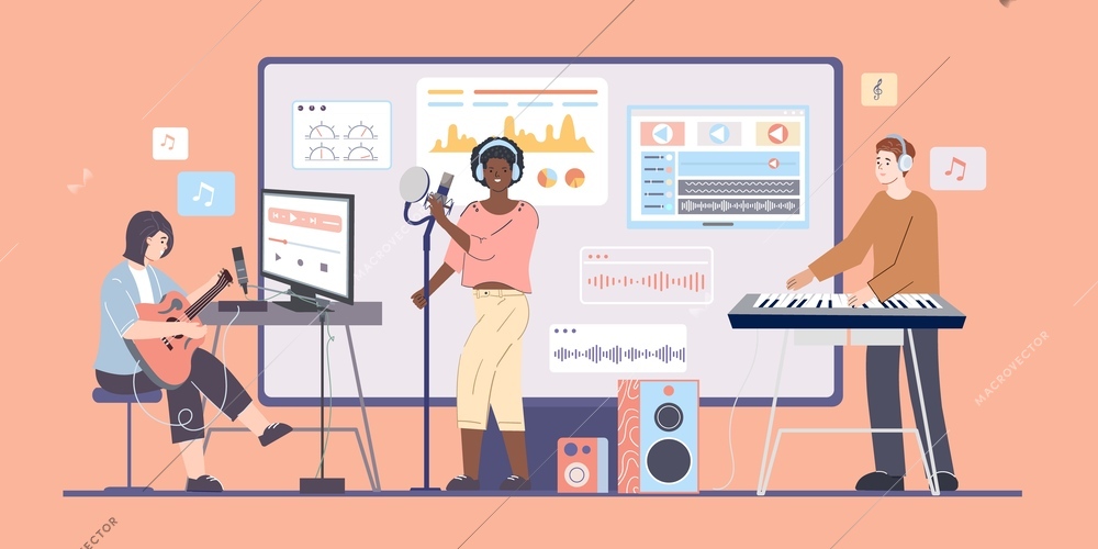 Digital music creation composition in flat style with musicians playing electric guitar keyboard and singing vector illustration