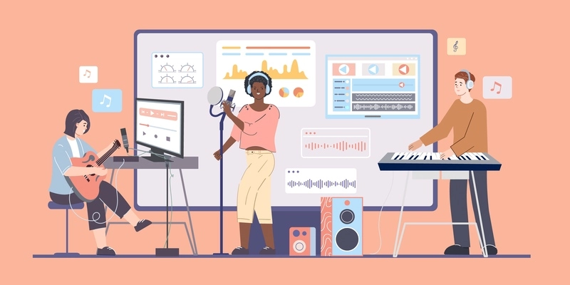 Digital music creation composition in flat style with musicians playing electric guitar keyboard and singing vector illustration