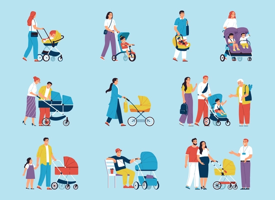 Flat set of parents walking with baby carriages isolated on color background vector illustration