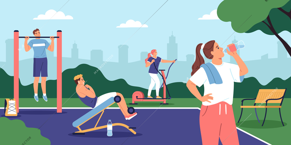 People doing workout at outdoor sports area in city park flat vector illustration