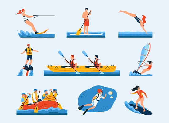 Men and woman doing various kinds of water sport flat set isolated on color background vector illustration