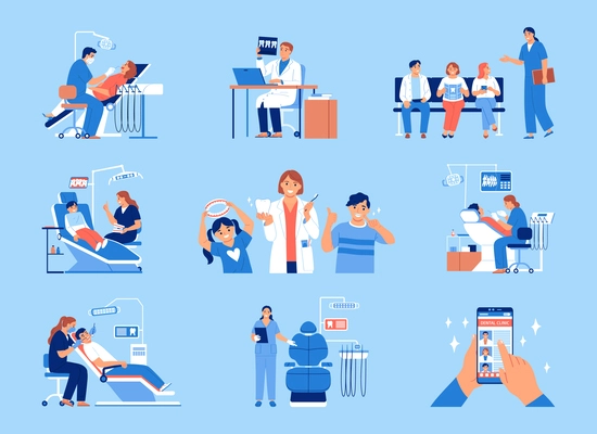 Dentists examining adult and children patients flat set isolated on blue background vector illustration