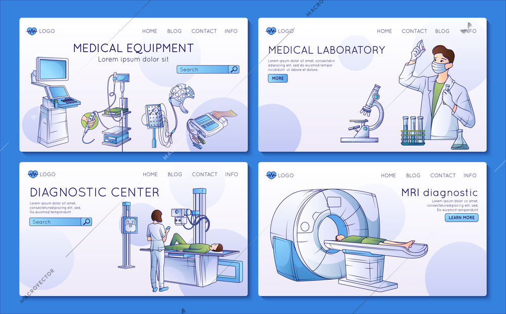 Set of four medical diagnostic equipment flat line websites with clickable links buttons and editable text vector illustration