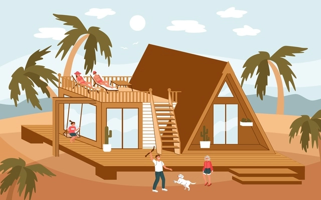 Modular house flat composition quick construction of a modular house and terrace vector illustration