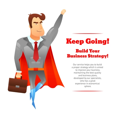 Strategic business plan service advertizing poster with superhero in red necktie and cape figure abstract vector illustration