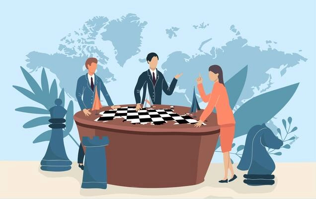 Geopolitics global politic flat composition with doodle human characters standing at chess board with world map vector illustration