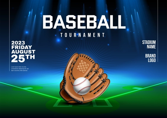 Realistic baseball tournament poster template with glove and ball on green and blue background vector illustration