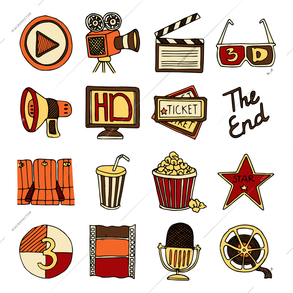 Vintage cinema filmmaking studio and movie theater color icons set with tape bobbin abstract isolated vector illustration