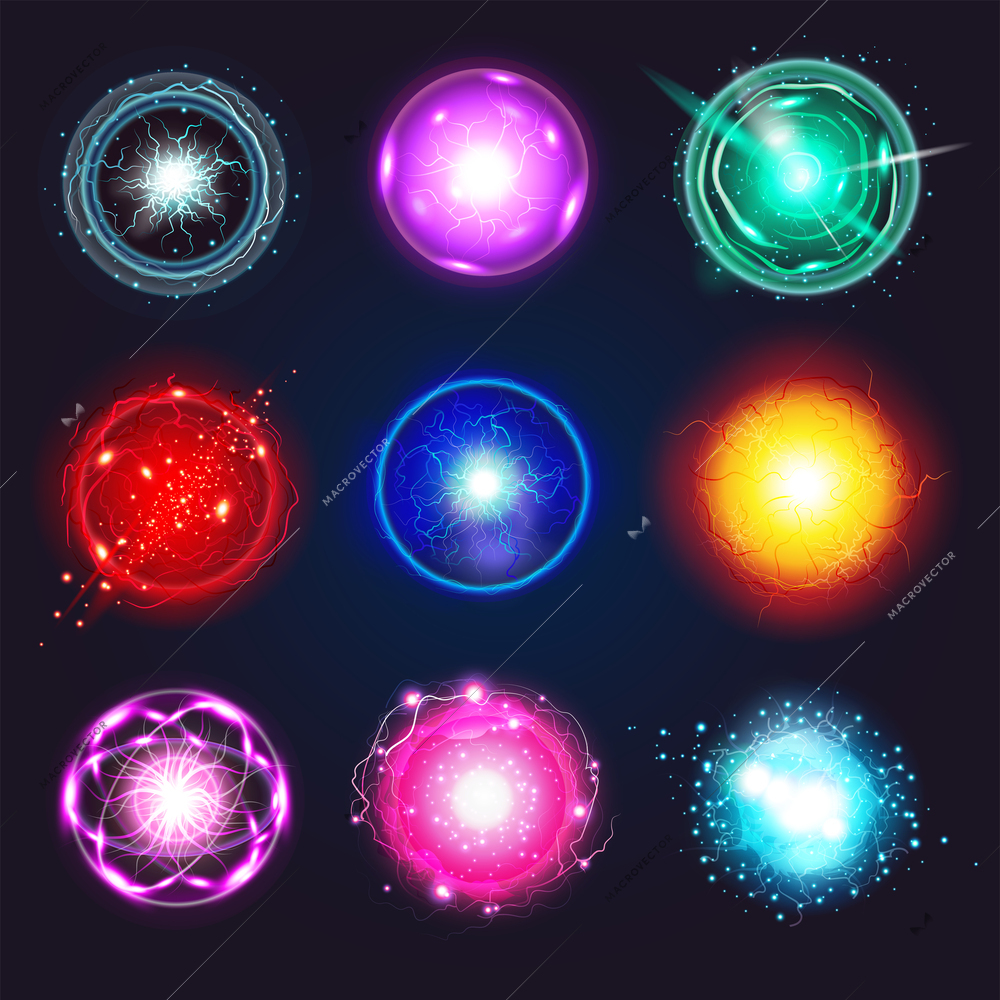 Realistic electric energy plasma sphere set of isolated round icons with colorful bolts sparkles and orbits vector illustration