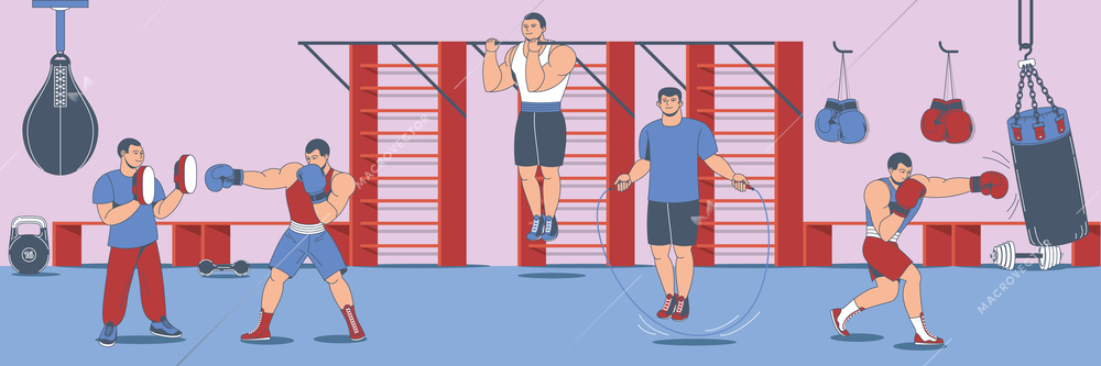 Boxing training cartoon composition with horizontal indoor view of gym with punchbags parallel bars and athletes vector illustration