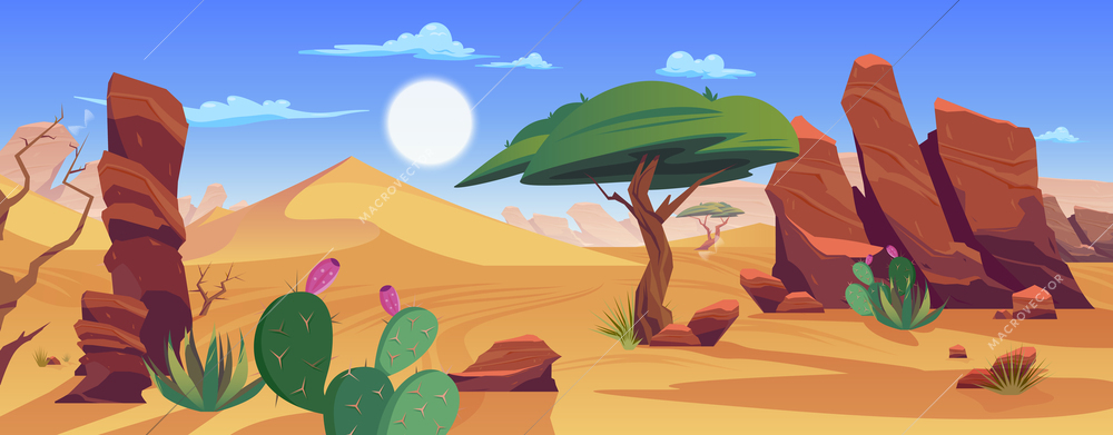 Desert composition with horizontal outdoor view of wasteland with orange rocks cacti bushes trees and sky vector illustration