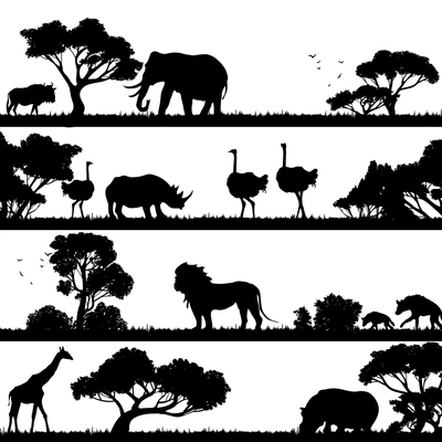 African landscape with trees and wild animals black silhouettes vector illustration