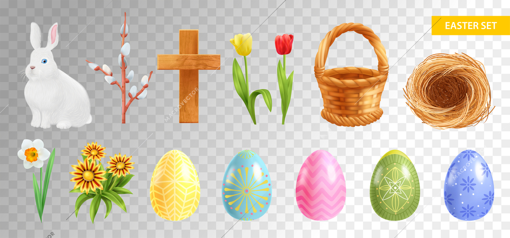 Realistic easter set of isolated icons on transparent background with bunny flowers spring plants and eggs vector illustration