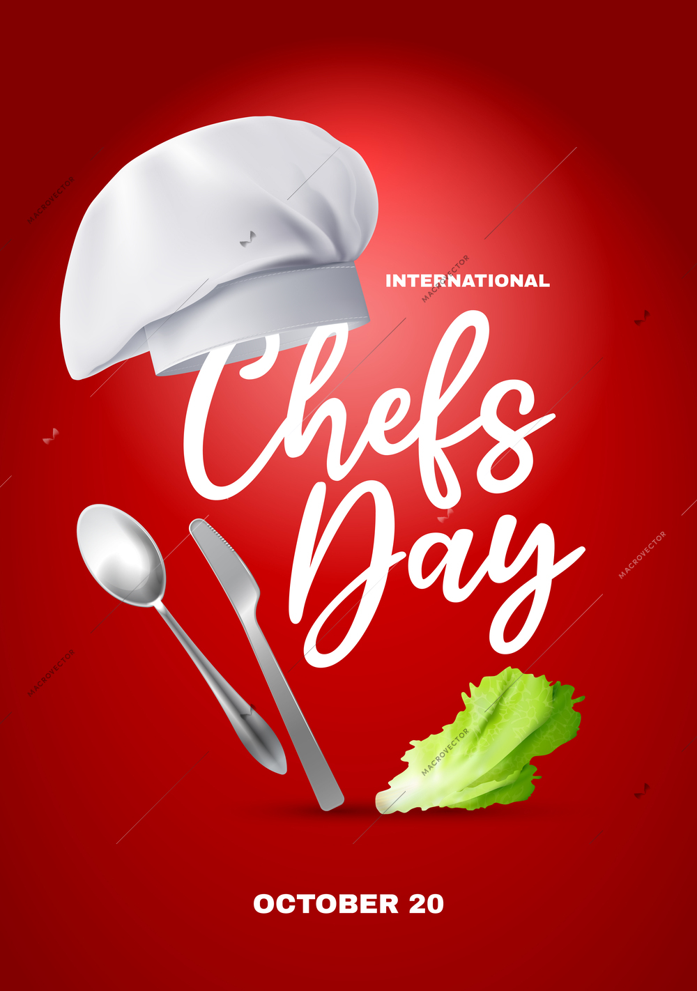 International chefs day poster vector illustration with chefs hat fork knife and lettuce leaf on red background vector illustration