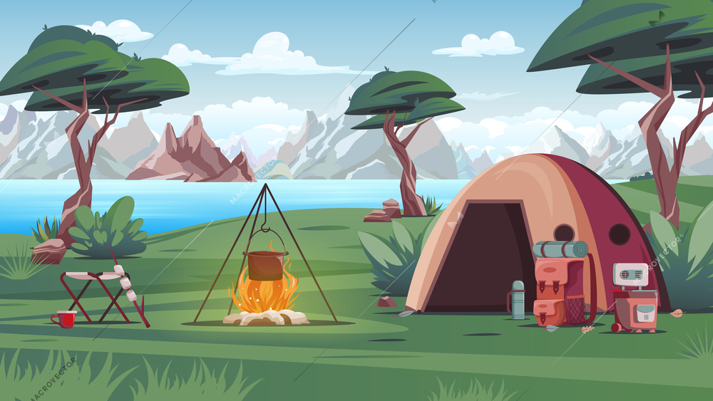 Camping colored composition tent and camping equipment stand in a clearing next to the lake and the mountains vector illustration