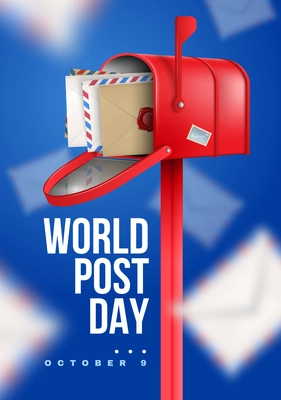 Realistic world post day with big white headline red mailbox and blurred background poster vector illustration