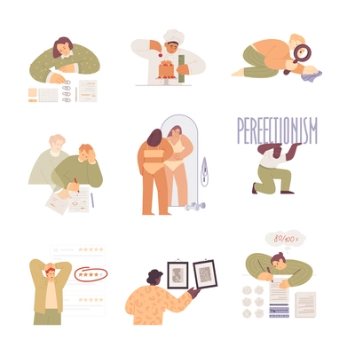 Perfectionism concepts flat set of isolated icons with doodle images and human characters on blank background vector illustration
