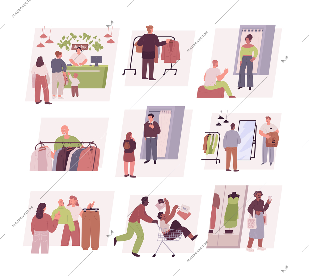 People shopping flat set with isolated compositions of clothes shop displays icons and characters of people vector illustration