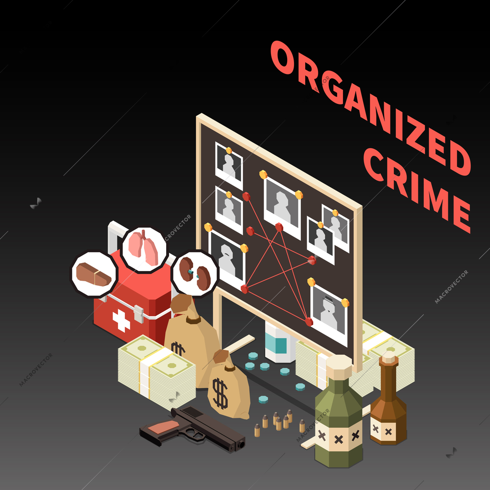 Black market isometric colored concept with organized crime description and different tools equipment and items for the crime vector illustration