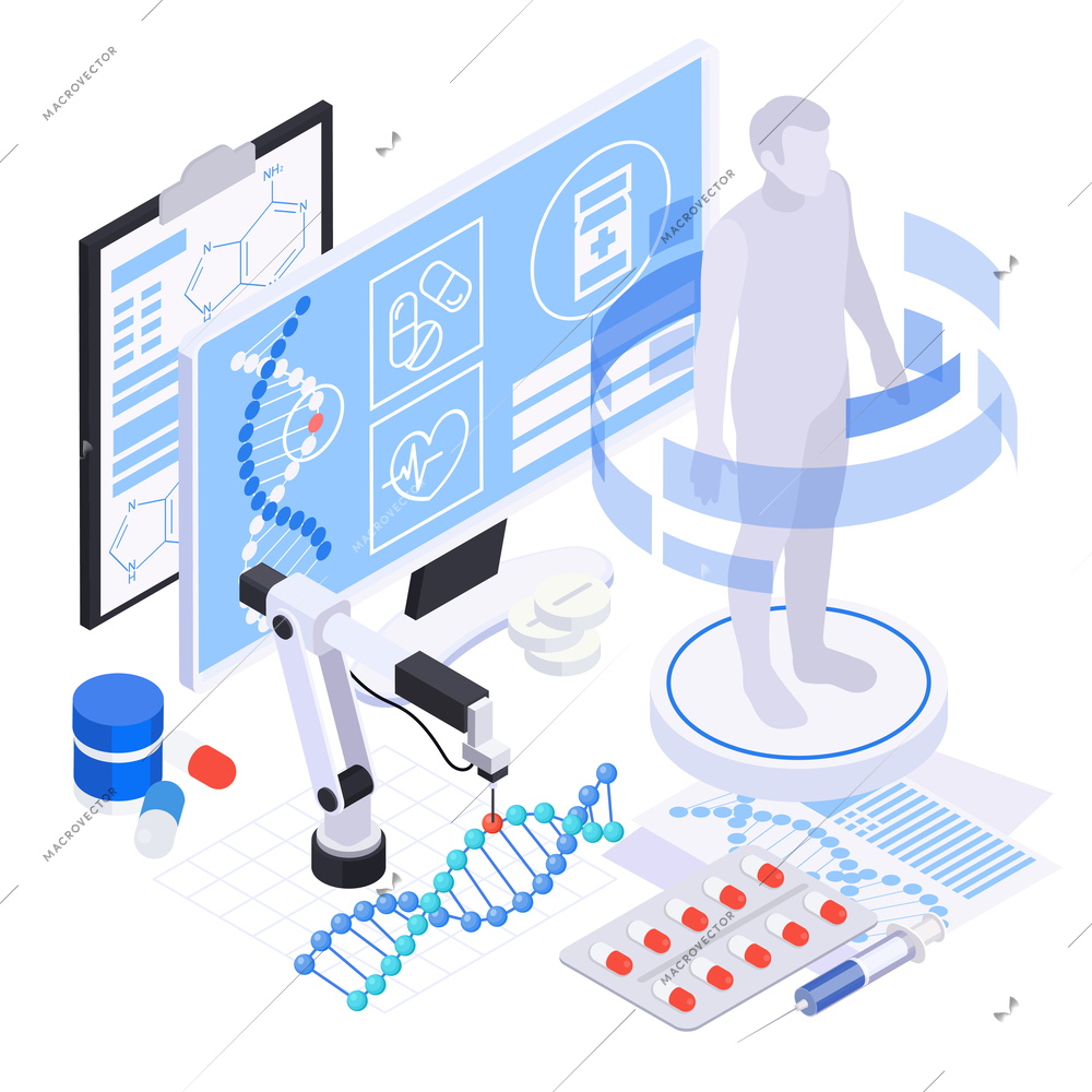 Biotechnology isometric composition with computer screens dna pills syringe and silhouette of human body in projection vector illustration