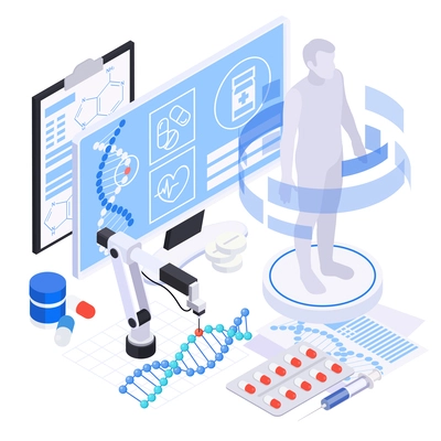 Biotechnology isometric composition with computer screens dna pills syringe and silhouette of human body in projection vector illustration