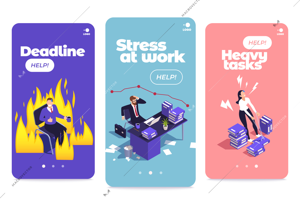 Office people vertical banner isometric set with deadline and work stress symbols isolated vector illustration