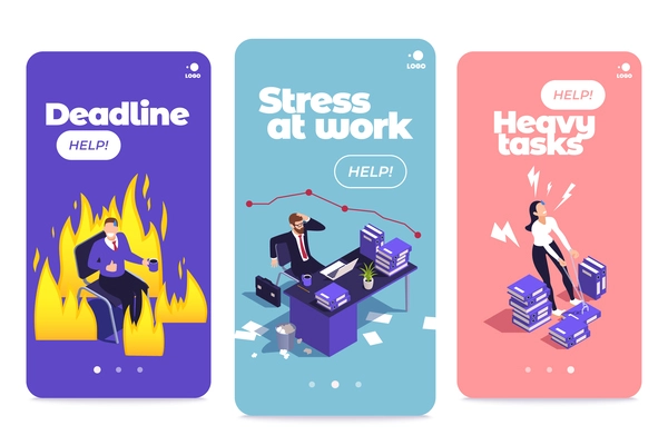 Office people vertical banner isometric set with deadline and work stress symbols isolated vector illustration