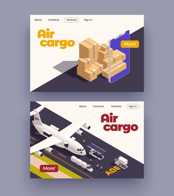 Air craft isometric banner set with aircraft logistic symbols vector illustration